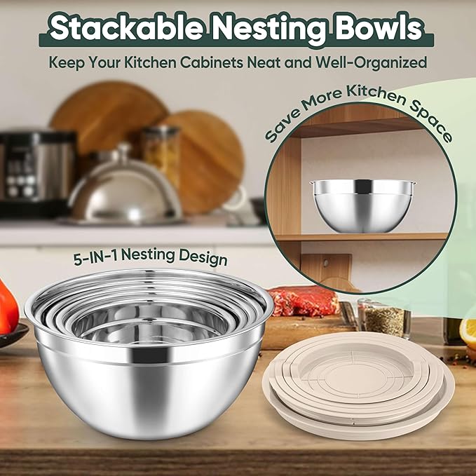 Herogo 5-Piece Mixing Bowls with Lids, 3 Grater Attachments, Stainless Steel Salad Bowls for Kitchen, Size 4.6, 3.5, 2.5, 2, 1.5QT Ideal for Baking, Prepping, Mixing and Serving, Khaki
