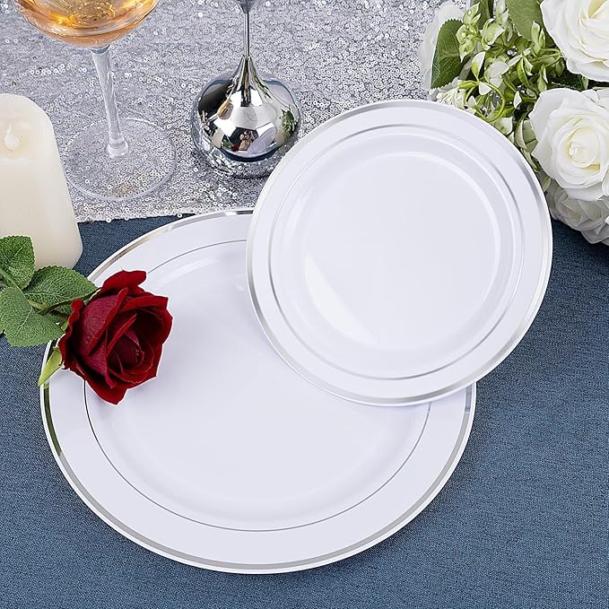 WDF 60PCS Silver Plastic Plates Disposable - Silver Plates Include 30 PCS 10.25inch Silver Dinner Plates and 30PCS 7.5inch Silver Salad Plates for Wedding & Party