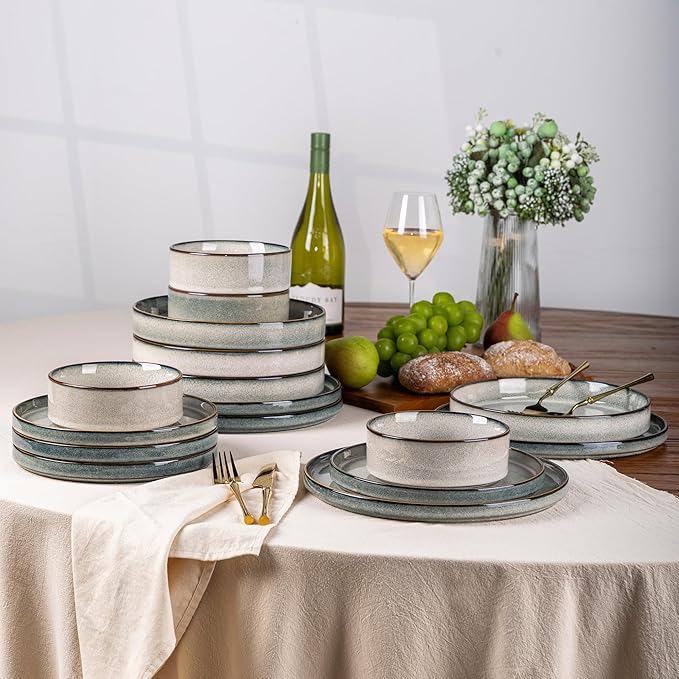 GBHOME 9'' Large Ceramic Pasta Bowls, 32oz Stoneware Pasta Serving Bowls Set of 4 for Kitchen, Wide Bowls for Fruit,Pasta,Salad,Oatmeal,Meal, Microwave Safe, Reactive Glaze-Green Wheat