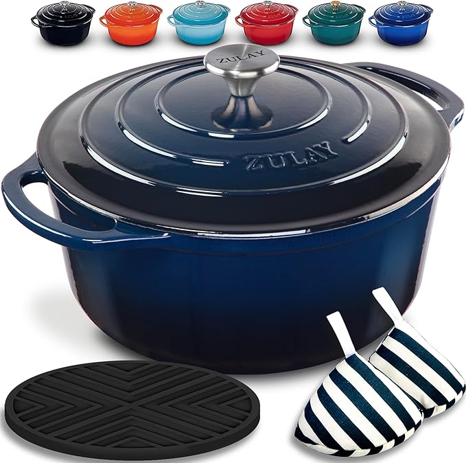 Zulay Kitchen 5 Quart Enameled Cast Iron Dutch Oven with Lid,Silicone Trivet & Heat Pad – Premium Durability & Oven Safe up to 500°F – Heavy Duty Cookware Perfect for Bread Baking, Stews, Braising & Roasting – Blue