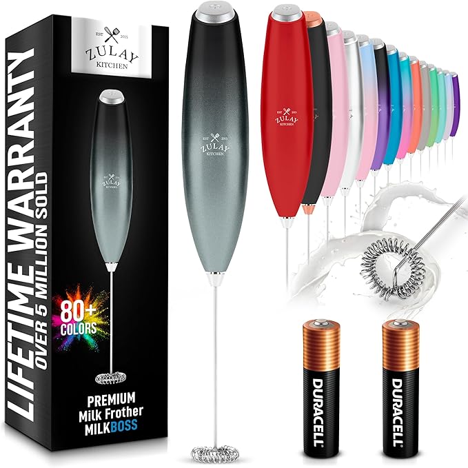Zulay Kitchen Milk Frother Handheld Electric Whisk with AA Duracell Batteries – Durable Drink Mixer for Coffee, Lattes, Cappuccinos & More - Storm