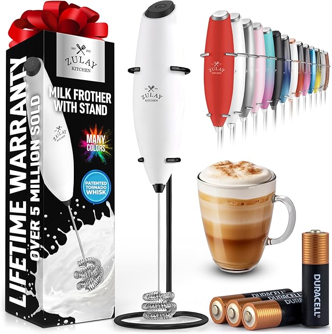 Zulay Kitchen Patented Tornado Triple Whisk Milk Frother with 4 Duracell Batteries – Handheld Foam Maker for Coffee, Lattes, Matcha & Hot Chocolate – Rich, Creamy Froth in Seconds