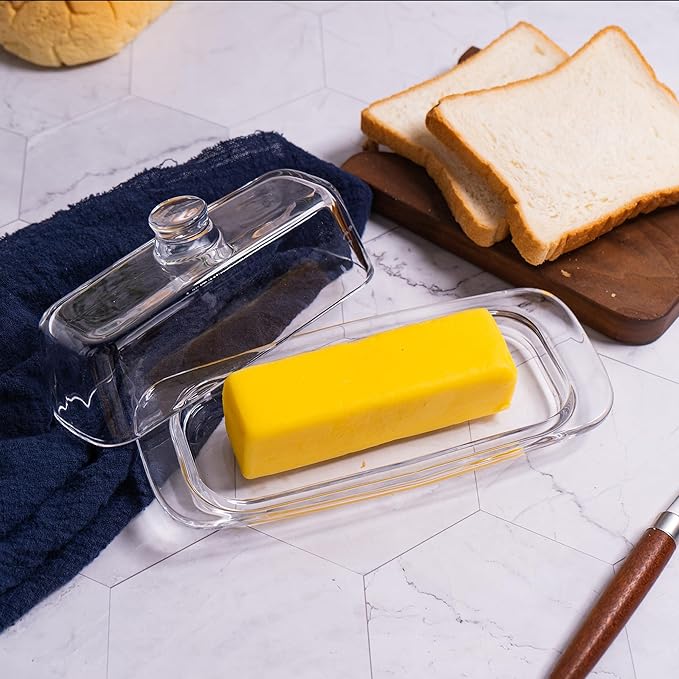 Glass Butter Dish with Cover, Clear Crystal Butter Holder Tray with Lid for Countertop Refrigerator