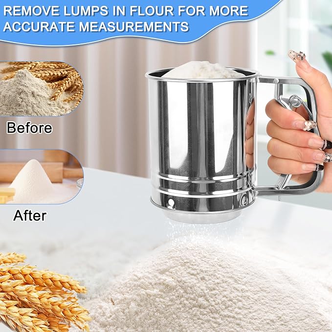 Flour Sifter Stainless Steel,5 Cup Flour Sifter for Baking,3 in1 Sifter for Baking with Powdered Sugar Shaker Duster, Flour Shaker Duster for Baking Cakes, Pastries, Pies, Cupcakes and Desserts