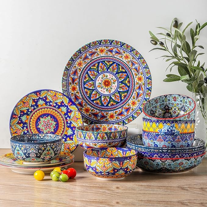 glowworm Dinner Plates, 10.5 Inch Ceramic Plates Set of 6 for Steak, Snacks, Pizza, Cake, Colorful Serving Dishes for Kitchen, Microwave, Oven & Dishwasher Safe, Bohemian