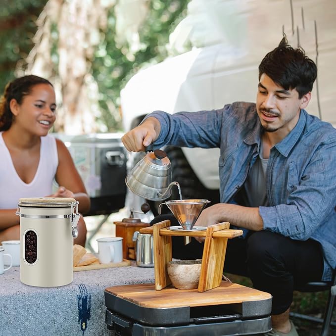 1800ML Airtight Coffee Canister with Date Tracker&Transparent Window, 22.8OZ Coffe Beans Storage with 30ML Measure Spoon&4 co2 Valve, Coffee Container for Grounds Coffee, Beans, Tea, Sugar(Beige)