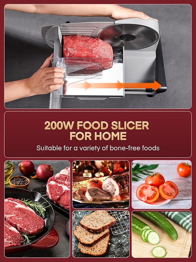 FOHERE 200W Meat Slicer Machine for Home, Electric Food Slicer with Two 7.5" Sharp Stainless Steel Blade(Serrated + Smooth) 0-15mm Precise Thickness Deli Meat Slicer for Bread Fruit Vegetable(Silver)