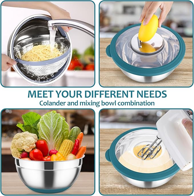 E-far Colander with Mixing Bowl Set, 4-1 Stainless Steel Colander Strainers Bowl with Graters for Kitchen, Rotatable Food Strainer Bowl for Rinsing Fruits Vegetables/Draining Pasta - Blue
