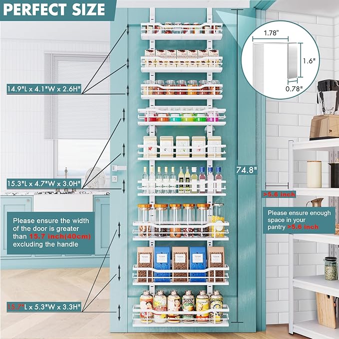 Over The Door Pantry Organizer,9-Tier Over The Door Organizer with Adjustable Basket,Metal Hanging Pantry Organizers and Storage for Kitchen, Back of Door Seasoning Rack