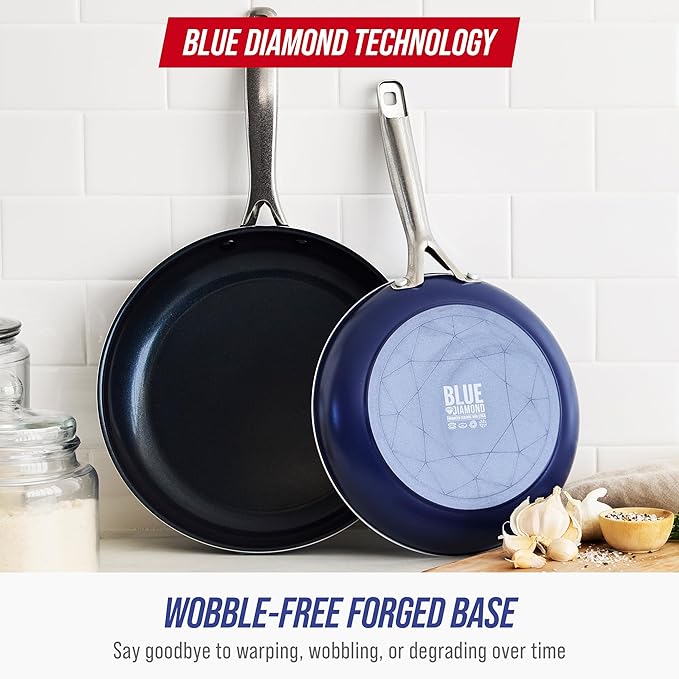 Blue Diamond 8” & 10" Nonstick Frying Pan Skillet Set, Diamond Infused PFAS & PTFE-Free Ceramic Pots & Pans, Dishwasher & Oven Safe, Stay Cool Handles, Non Toxic Metal Utensil Safe, Blue & Grey
