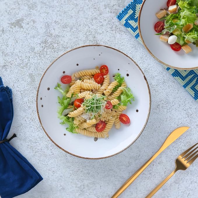 Esfour 8 Inch Porcelain Pasta Bowl, 16 Ounces Salad Bowls, Microwave & Dishwasher Safe, Sturdy & Stackable, Set of 6 Ceramic bowls Plates Set, Wide Shallow salad Bowls Set, Classic Assorted Colors