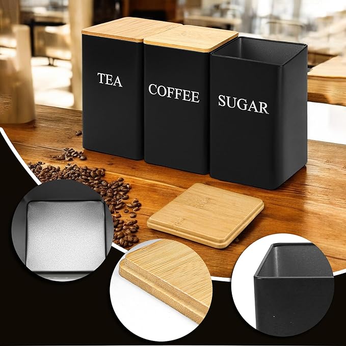 Set of 3 Coffee, Tea, and Sugar Canister Black Iron – Kitchen Storage Jars with Bamboo Lid and Name Marker – Simple Flour Container (6x3 Inch, 33 OZ)