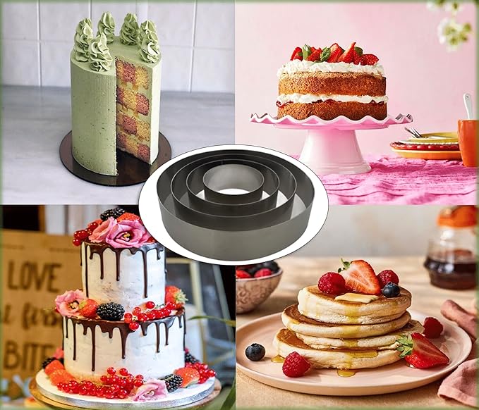 Maystore's Set of 4 Cake Rings 4-6-8-10 Inch – Round Cake Cutter Ring Mold with Premium Stainless Steel – Perfect Cake Ring for Baking, Pastry, and English Muffin – Ideal for Creating Circles.