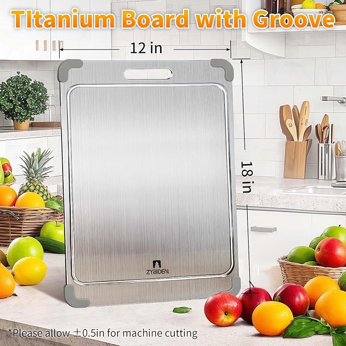 100% Pure Titanium Cutting Board with Grooves, Update Double Side Titanium Chopping Board, Silicone Anti-slip Stainless Cutting Boards for Kitchen 12 * 18 IN, Grey