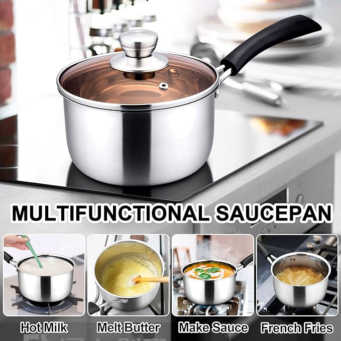 LIANYU 1QT & 2QT & 3QT Saucepan Set with Lids, 18/10 Stainless Steel Sauce Pan Cookware Sets, Kitchen Cooking Small Pots with Long Heatproof Handle, Easy Clean & Dishwasher Safe