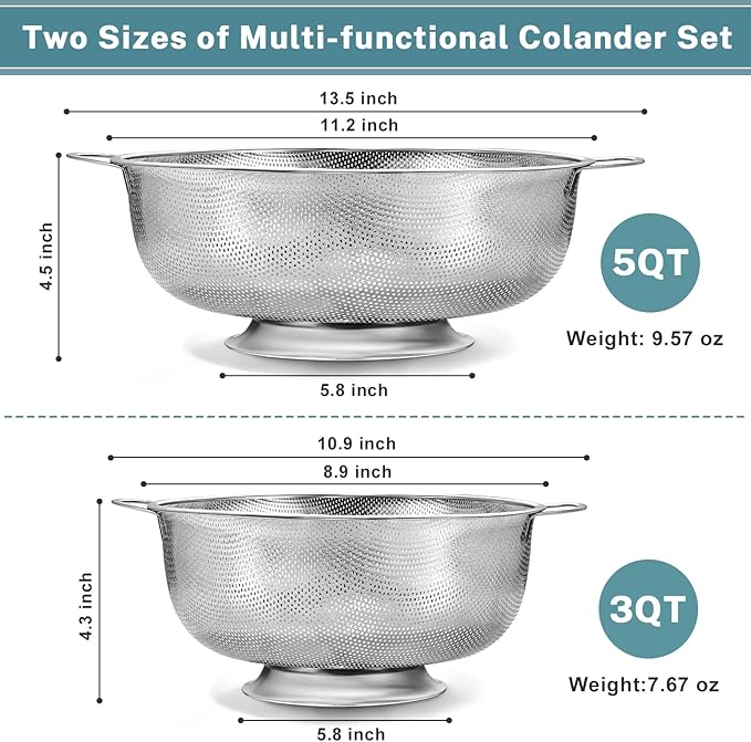 Pleafind 18/8 Stainless Steel Colander for Kitchen - 5 qt and 3 qt, Micro-Perforated Metal Colander Strainer with Handle, Solid Base Pasta Strainer, Rust-Resistant & Dishwasher Safe