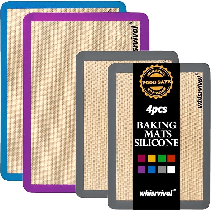 4 Pack Silicone Baking Mat, Non-Stick Silicone Baking Sheet, Food Safe Silicone Mats for Baking, 480℉ Heat Resistant, 2 Half & 2 Quarter (Purple, Blue, Grey)