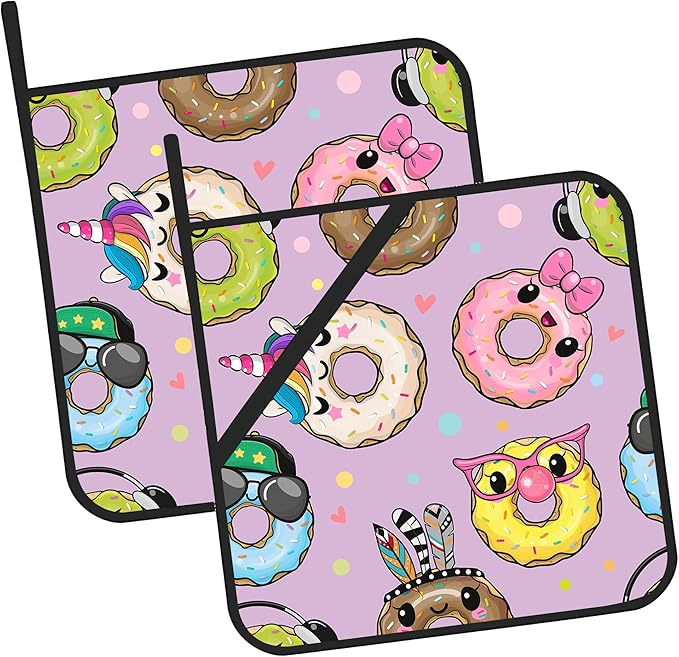 Cute Cartoon Donut Pot Holders Set of 2 - Heat Resistant Oven Hot Pads for Cooking, Baking, BBQ Gifts for Women