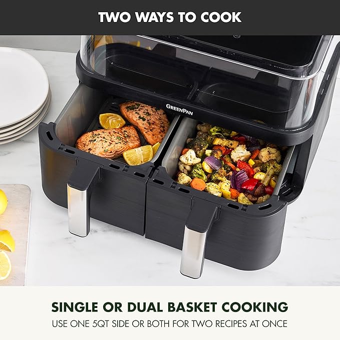 GreenPan Clearview 10QT Double Air Fryer, 360° Clear Window, PFAS-Free Ceramic Nonstick 5QT Drawers & Trays, Dual Cooking, 12-Presets, Shake Reminder, Keep Warm, Dishwasher Safe Parts