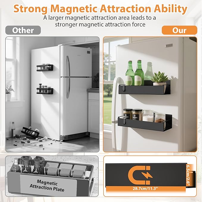 4 Pack Magnetic Spice Rack Organizer for Refrigerator and Oven, Movable Magnetic Hanging Kitchen Spice Rack with 4 Hooks, Black