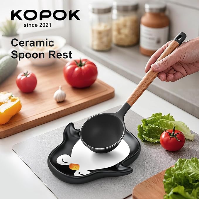 Penguin Spoon Rest for Stove Top – Ceramic Utensil Holder for Kitchen Counter – Cute Cooking Spoon Rest, Spatula Holder, Snack Dish – Unique Kitchen Gift for Holidays, Housewarming