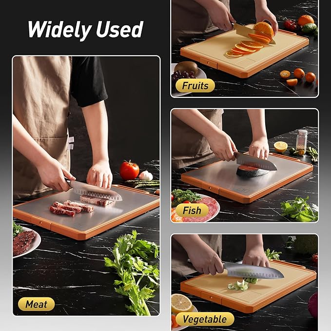 Titanium Cutting Boards for Kitchen Chopping Board with Handle Large Big Small Kitchen Meat Butcher Block 2 in 1 Pure Titanium and Wheat Straw PP Not Wood Bamboo Plastic Silicone Teak Morandi Orange