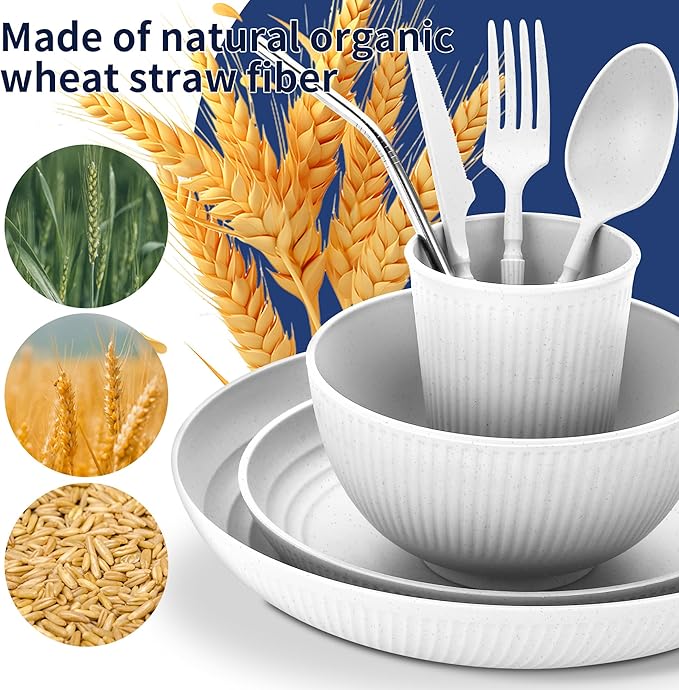 Wheat Straw Dinnerware Sets,42-Piece Plates and Bowls Sets for 6-Unbreakable,Reusable Plastic Dish Set-Dinner Plate/Cereal Bowl/Cup/Utensils-Microwavable Dishwasher Safe 42P-Light Gray