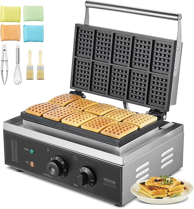 VEVOR Commercial Waffle Maker, 10PCS Rectangle Waffle Baker Machine, 1550W Non-Stick Stainless Steel Belgian Waffle Iron with Temp and Time Control, Handle, for Restaurant Bakery Snack Bar Family
