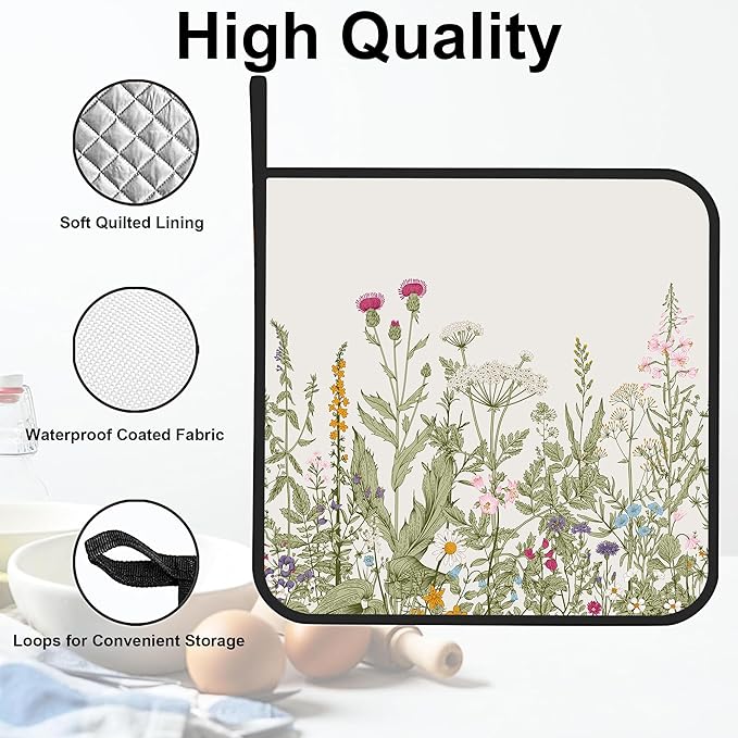 Vintage Wild Flower Pot Holders for Kitchen Heat Resistant Pot Holders Set of 2 Oven Hot Pads Pot Holders for Cooking Baking BBQ Gifts for Women