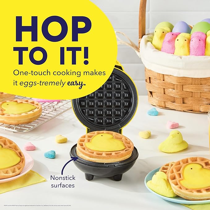 PEEPS x Dash Chick Mini Waffle Maker for Individual Waffles, Hash Browns, Keto Chaffles with Easy to Clean, Non-Stick Surfaces, 4 Inch - Yellow