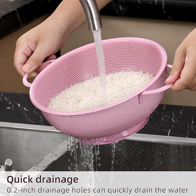 Stainless Steel Colander 3 Piece,Metal Strainer Basket with Solid Base and Handles for Kitchen Food,Pasta, Noodles, Vegetables and Fruits,Powder Coated,BPA Free,Dishwasher Safe,2 & 3 & 4.5 Qt (Pink)