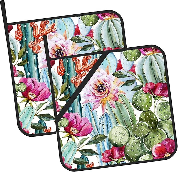Watercolor Cactus Flower Pot Holders Set of 2: Heat Resistant, Waterproof, Stain-Resistant, Easy to Clean, Kitchen Decor