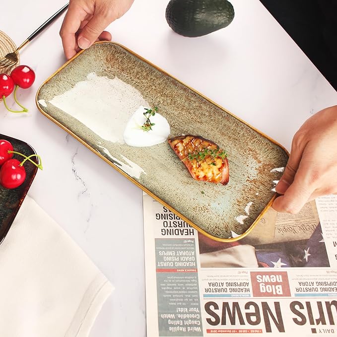 Ceramic Dinner Plates Dish Set, Set of 4, Microwave Oven and Dishwasher Safe,Scratch Resistant, Dinnerware Kitchen Porcelain Serving Dishes Brown glaze change, 12.4 Inch Rectangle plate