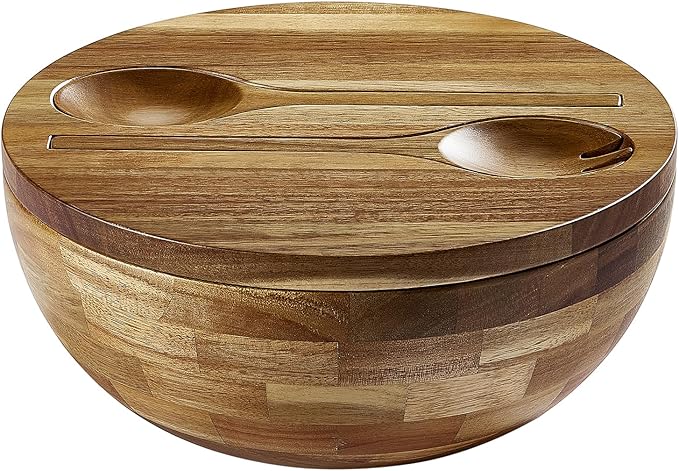 Acacia Wooden Salad Bowl with Lid, Built-in Acacia Wood Utensils, 10.5" Large Wood Serving Bowls for Fruits, Salad, and Vegetables, Big Wood Salad Bowls Set 4-Piece, All-in-One Design