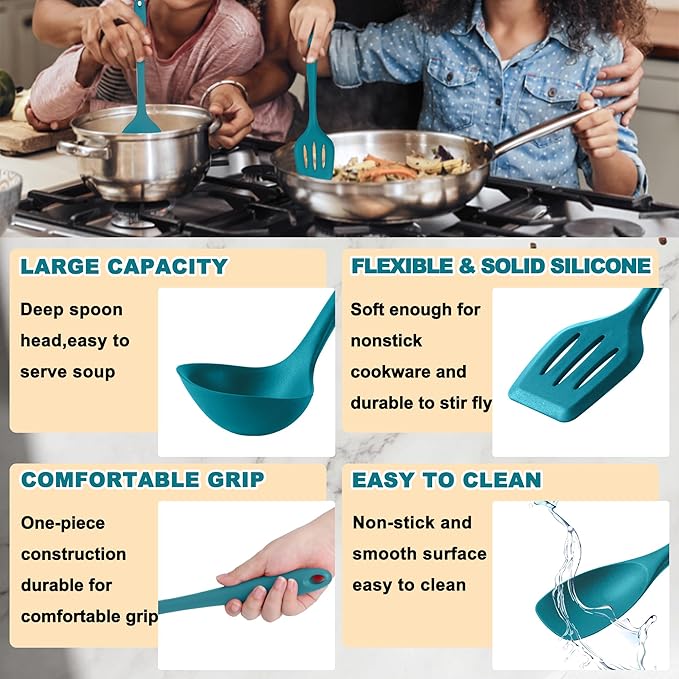 E-far 10 Pieces Silicone Cooking Utensils Set, Heat Resistant Kitchen Utensil Set for Nonstick Cookware, Kitchen Cooking Tools with Spatula, Spoon, Slotted Turner, Non-Toxic & Dishwasher Safe (Blue)