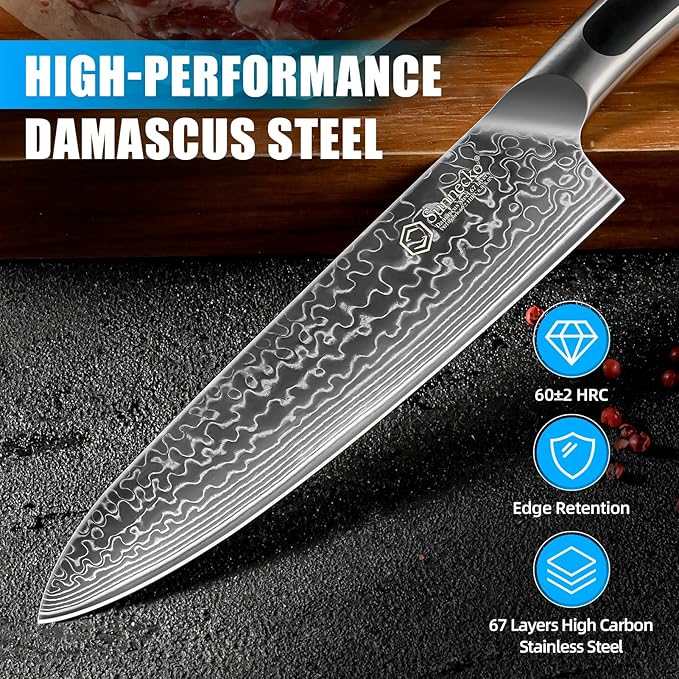 Sunnecko Damascus Kitchen Knife Set 3 Piece, Sharp Chef Knife Set Professional Kitchen Knives Sets Full Tang with Gift Box