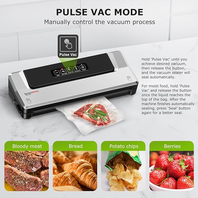Bonsenkitchen Vacuum Sealer Machine + Mason Jar Sealer Kit, Fast-Compact/Multi-Functional Food Vacuum Sealer with External Vacuum System & 40 Vacuum Bags, Silver