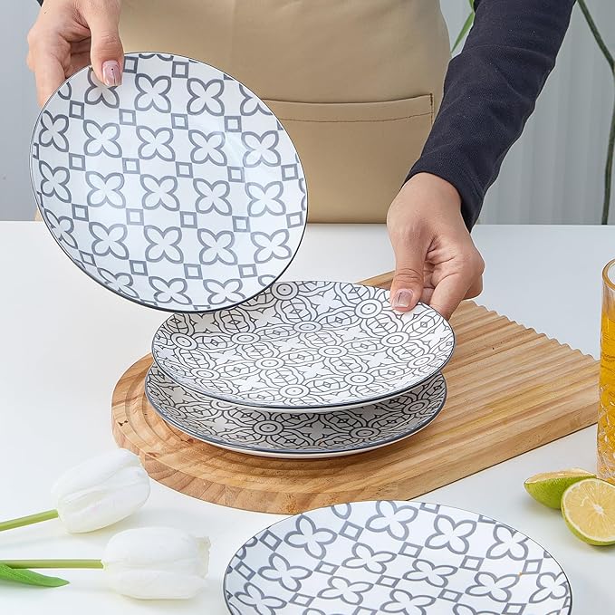 bestone 7.5 Inch Porcelain Salad Plates Set, Porcelain Dessert/Salad Plate,Classic Round with Wide Rim, Lead-Free,Dishwasher, Microwave, Freezer, Oven Safe, for Everyday Use-Set of 4,Grey