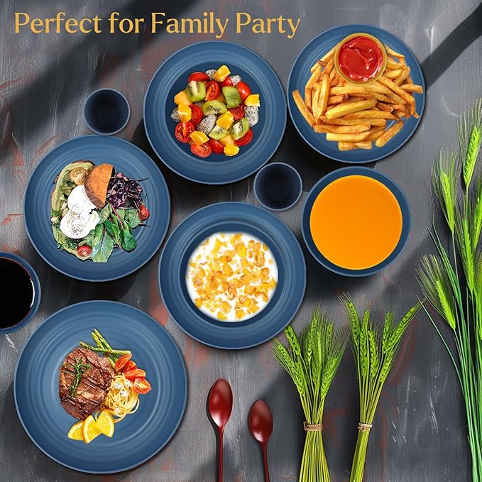 Wheat straw plates and bowls sets of 16 - Unbreakable wheat straw dinnerware sets for camping - Alternative plastic dinnerware set service for 4 - Microwave safe and Dishwasher safe bowls. Blue