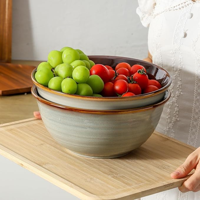 MEKY 84oz Ceramic Serving Bowls,9 In Large Mixing Bowls for Kitchen Prep, Baking, Salad, Pasta, Ramen, Microwave & Dishwasher Safe, Scratch-Resistant, Set of 2, Brown