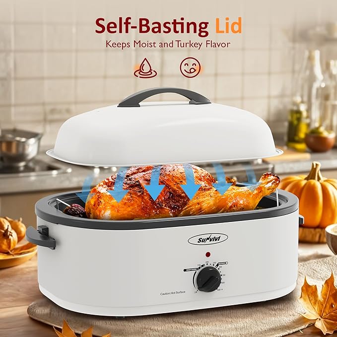 Sunvivi 20-Quart Roaster Oven with Self-Basting Lid, Electric Turkey Roaster Oven with Removable Pan and Rack, Stainless Steel, White