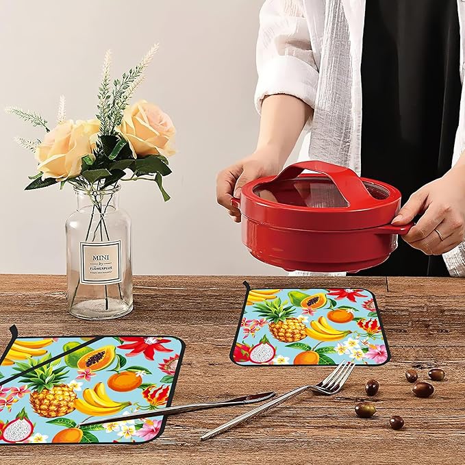 Hawaiian Tropical Fruits Pot Holders Set of 2 Heat Resistant & Non Slip Potholders, Flowers Oven Hot Pads for Kitchen Cooking Baking Barbecue