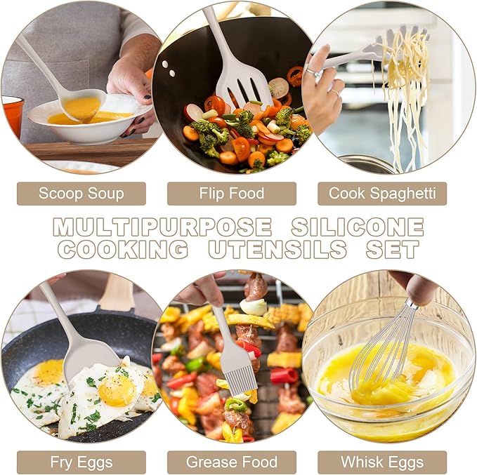 E-far Silicone Cooking Utensils Set, 24Pcs Heat Resistant Kitchen Utensil with Holder, Silicone Kitchen Tools with Spatula Turner Spoon Tongs Whisk, Non-Toxic & Dishwasher Safe (Khaki)