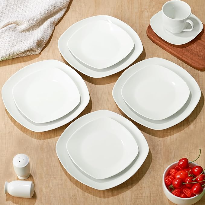 10" Square Dinner Plates Set of 4, White Ceramic Plates for Dinner, Salad, Appetizer & Dessert, Microwave, Dishwasher Safe Dinnerware for Kitchen, Perfect for Party Wedding Birthday & Christmas Dishes