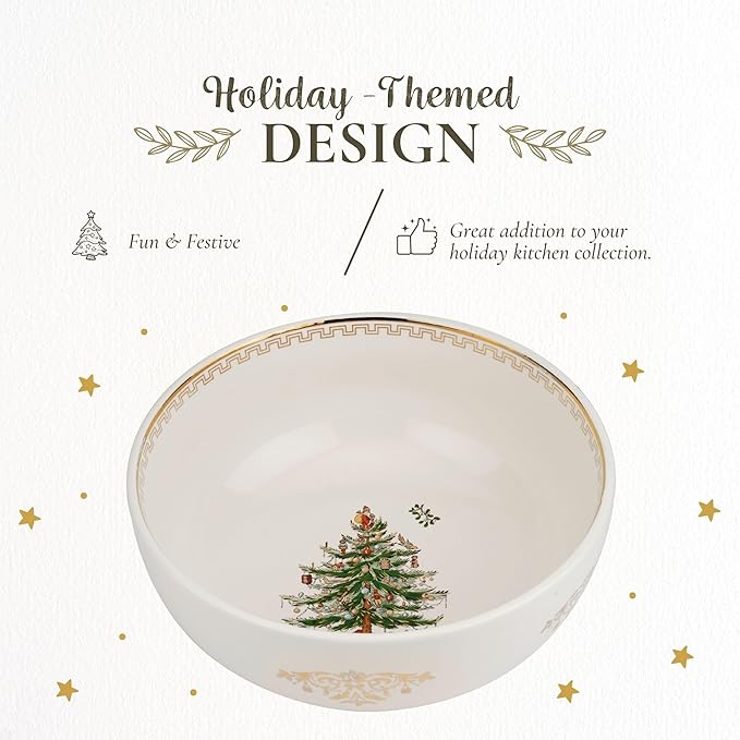 Spode Christmas Tree Gold Large Round Bowl - 10-Inch Stoneware Bowl for Serving Salad, Pasta, and Side Dishes - Elegant Holiday Serving Dish with 22K Gold Accents, Dishwasher Safe