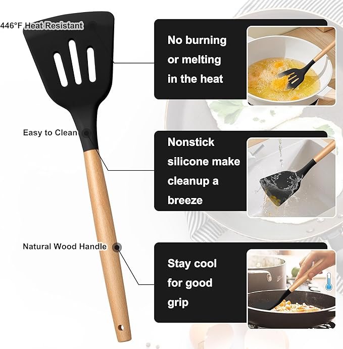 E-far Silicone Cooking Utensils Set, 5-Piece Black Kitchen Utensils Set with Wooden Handle for Cooking, Silicone Kitchen Nonstick Tools Spatula Turner Slotted Spoons, Nontoxic & Heat Resistant-Black