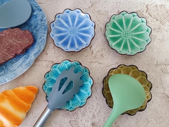 Ceramic Spoon Rest for Stove Top, Flower Cute Spoon Rest for Kitchen Counter, Cooking Spoon Holder for Kitchen Counter, Utensil Rest Spatula Rest Ladle Holder Tong Rest, 1 PC (Ice Cracks, Emerald)