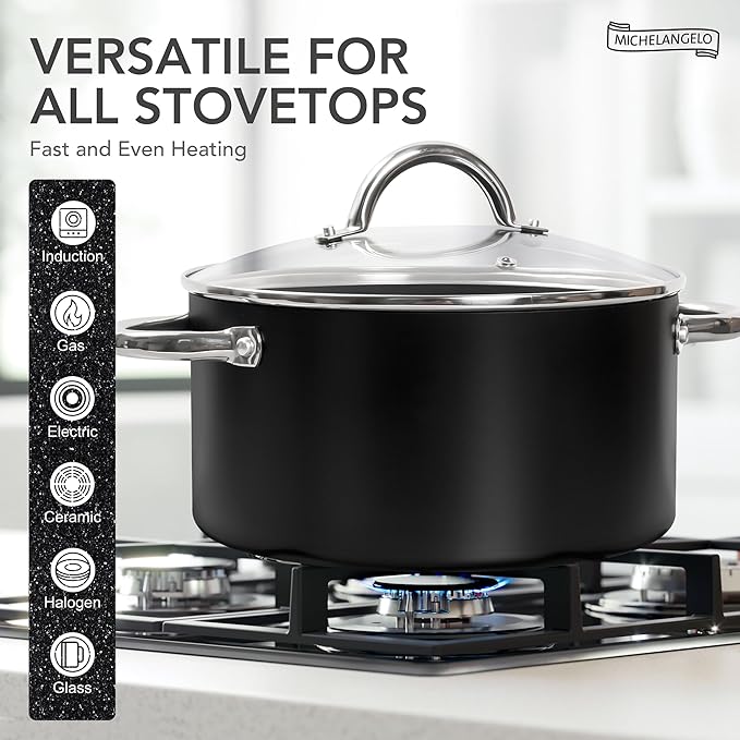 MICHELANGELO Stock Pot with Lid, Nonstick Cooking Pot, 5 Quart Soup Pot with Lid, Non Stick Pots with Stainless Steel Handle, Induction Compatible, Black