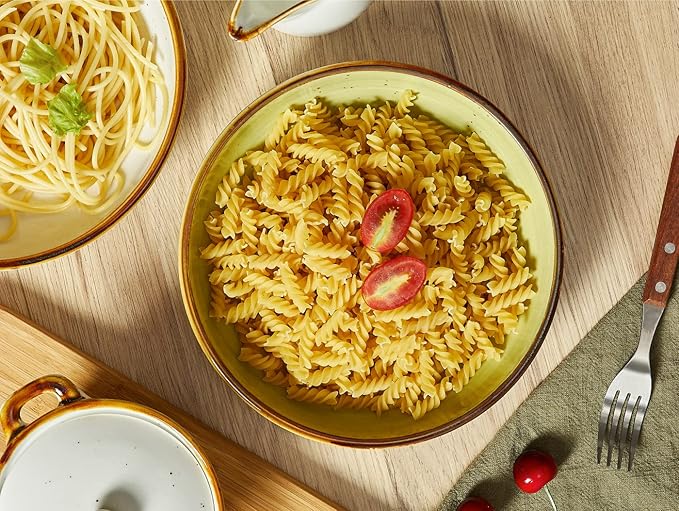 ONEMORE 30 Ounce Large Porcelain Salad Pasta Bowls, Ceramic Dinner Serving Bowls for Soup, Dessert, Fruit. Microwave & Dishwasher Safe, Green Shallow Pasta Bowls, Kitchen Dinnerware, Modern Style