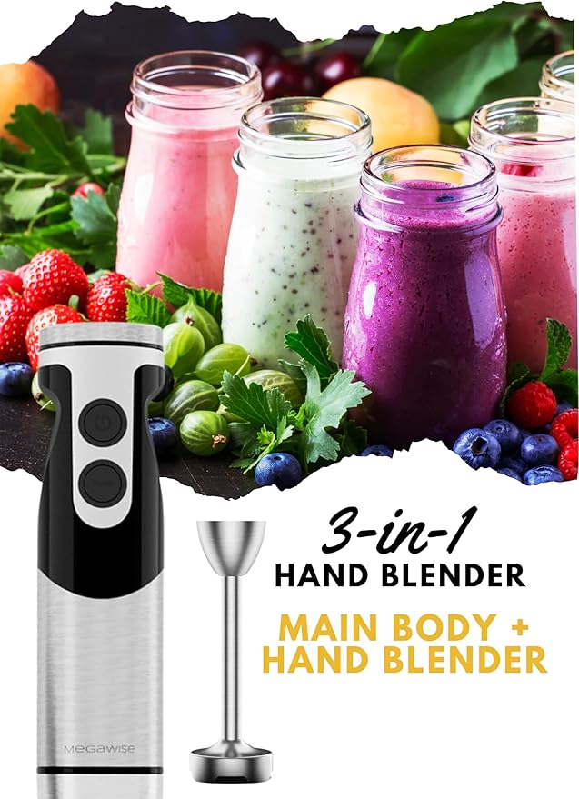 Megawise High-Power Hand Blender – 400W Max Power with Versatile 3-in-1 Attachments (Blending Shaft, Whisk, Chopper); Ergonomic Design with Adjustable Speed Control; Easy to Clean and Maintain (Black)